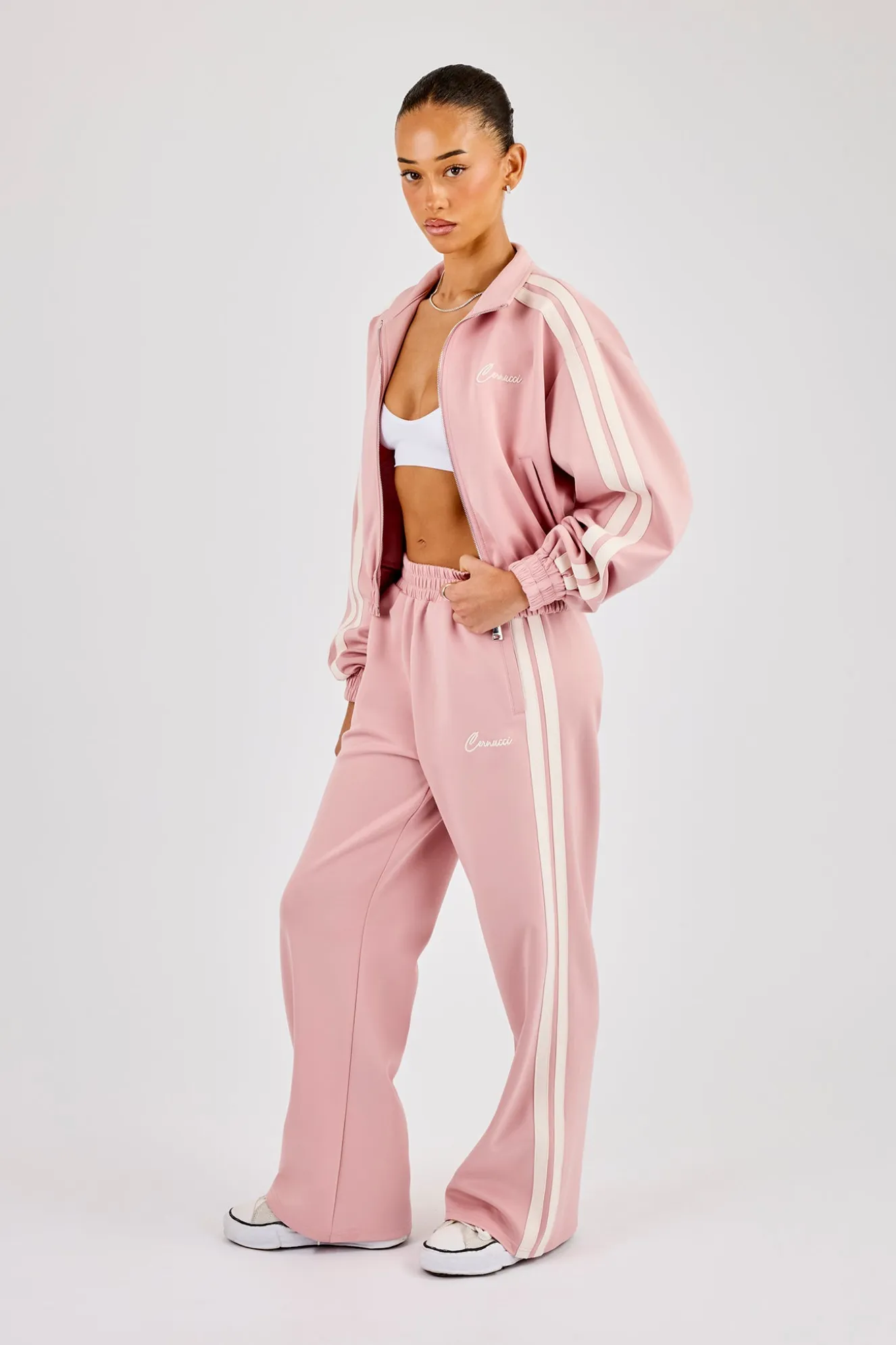 Taping Cropped Funnel Neck Jacket & Wide Leg Track Pant - Dusty Pink