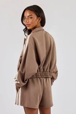 Taping Cropped Funnel Neck Jacket - Taupe