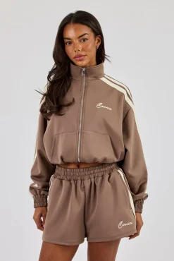 Taping Cropped Funnel Neck Jacket - Taupe