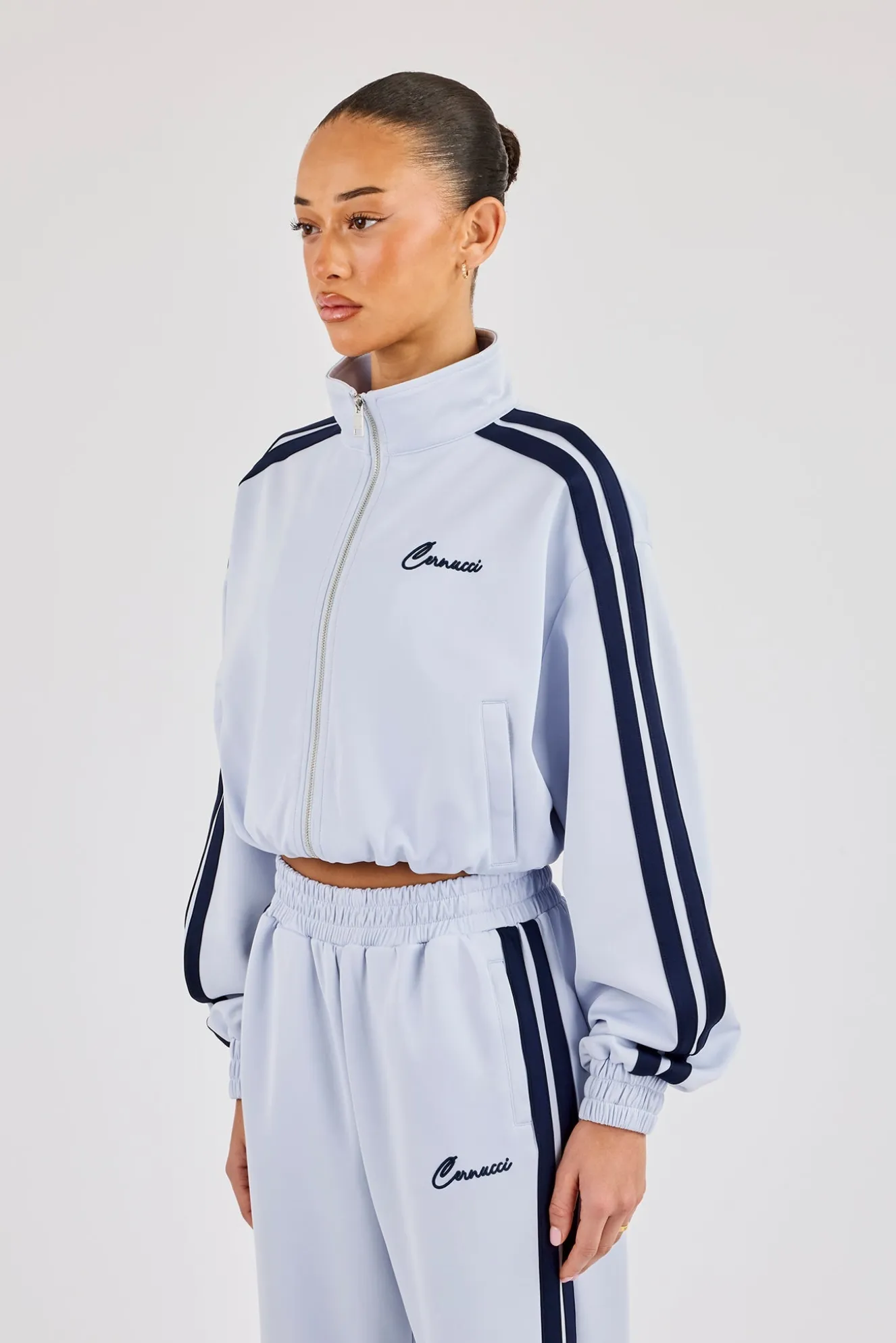 Taping Cropped Funnel Neck Jacket - Light Blue