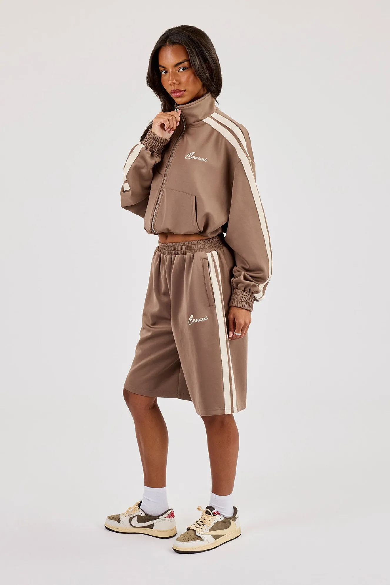 Taping Cropped Funnel Neck Jacket & Jort - Taupe