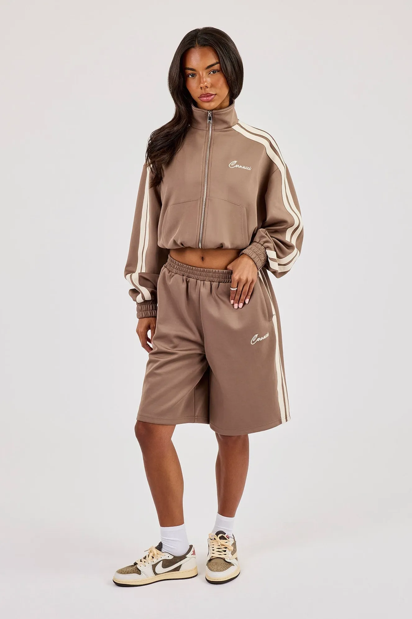 Taping Cropped Funnel Neck Jacket & Jort - Taupe