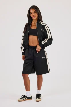 Taping Cropped Funnel Neck Jacket & Jort - Black