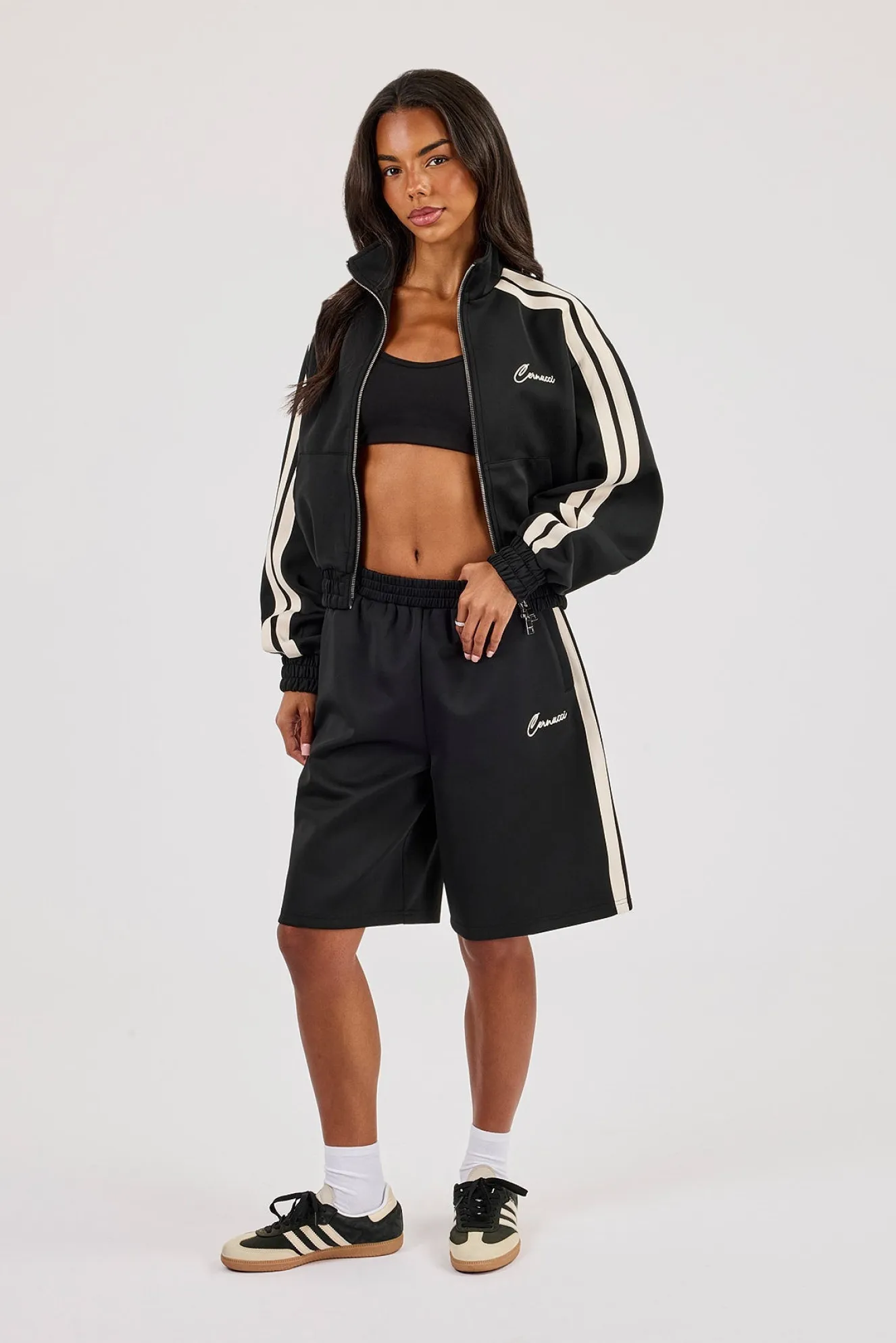 Taping Cropped Funnel Neck Jacket & Jort - Black