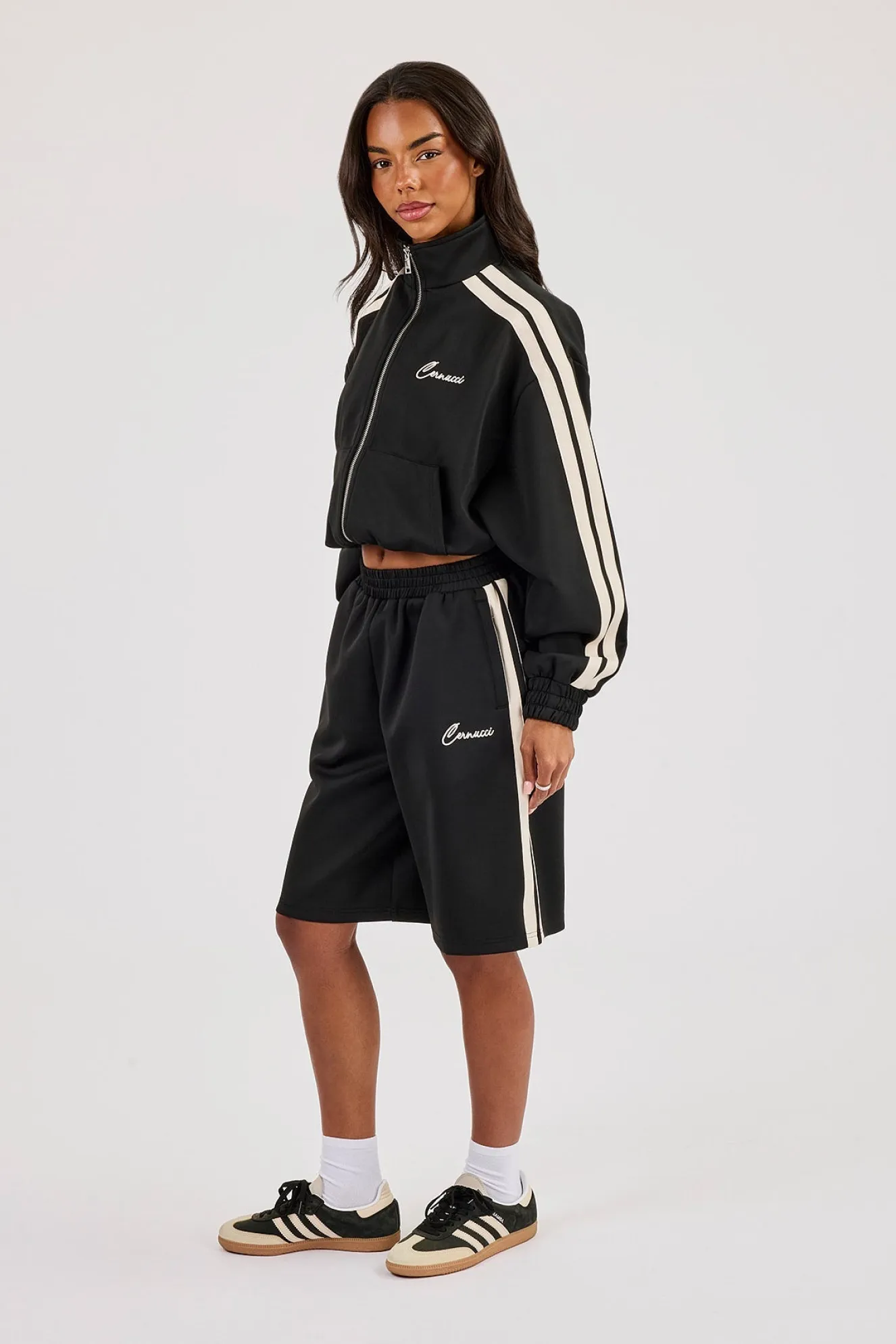 Taping Cropped Funnel Neck Jacket & Jort - Black