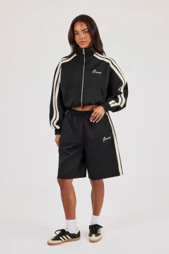 Taping Cropped Funnel Neck Jacket & Jort - Black