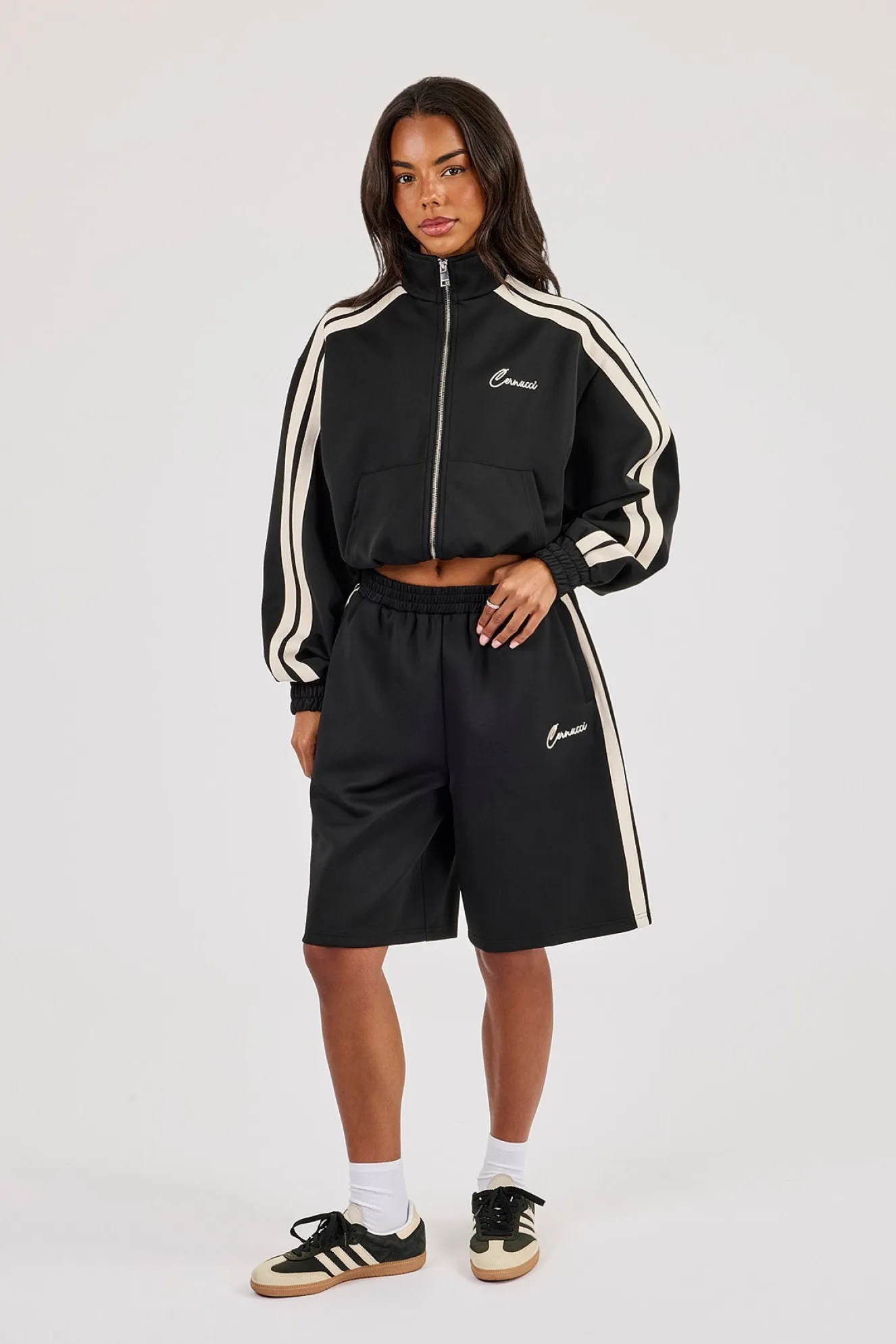 Taping Cropped Funnel Neck Jacket & Jort - Black