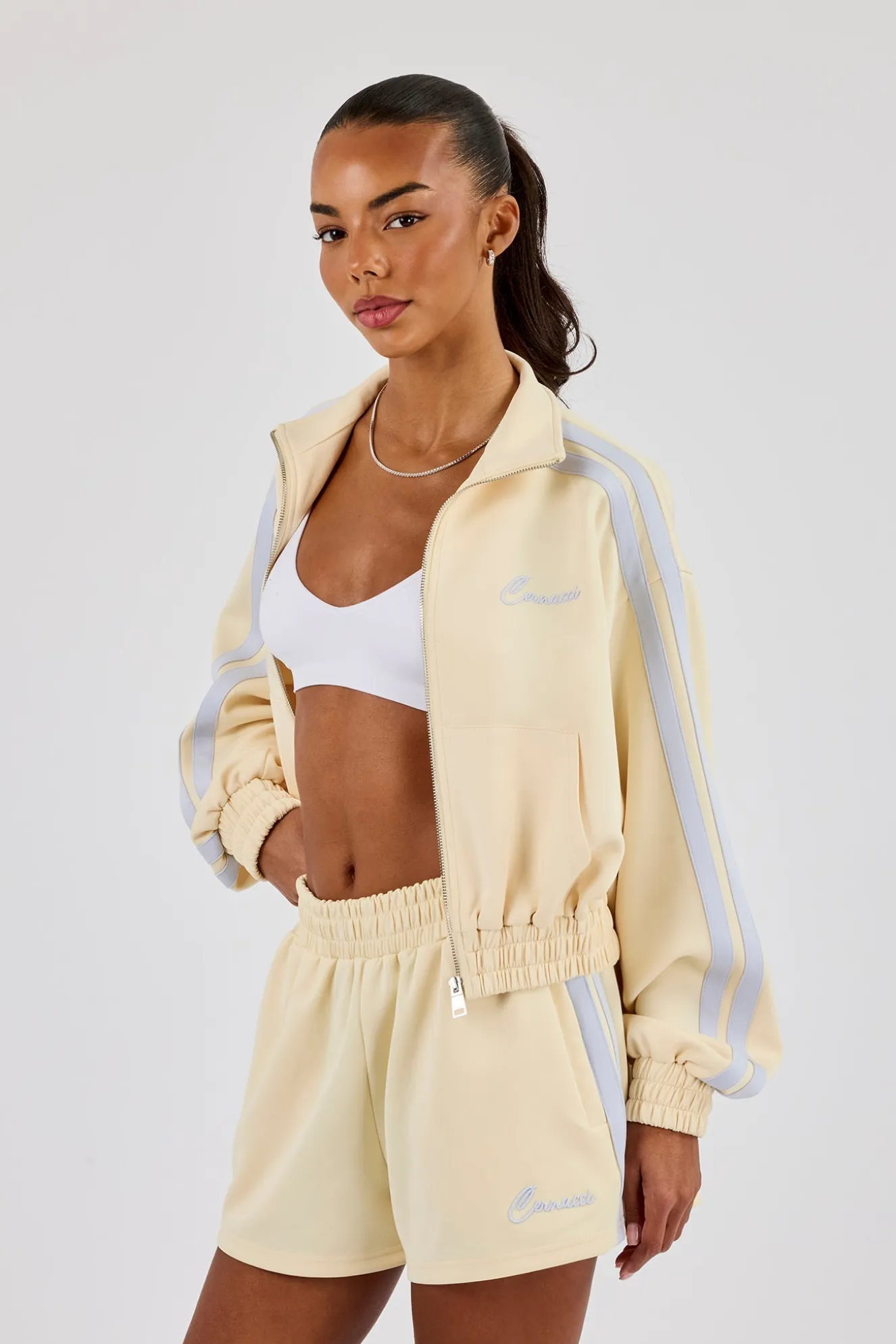 Taping Cropped Funnel Neck Jacket - Butter Yellow