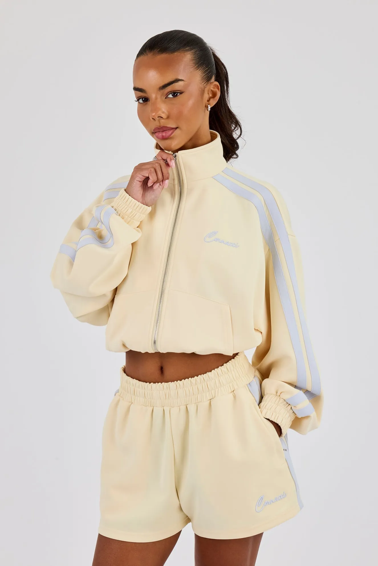 Taping Cropped Funnel Neck Jacket - Butter Yellow