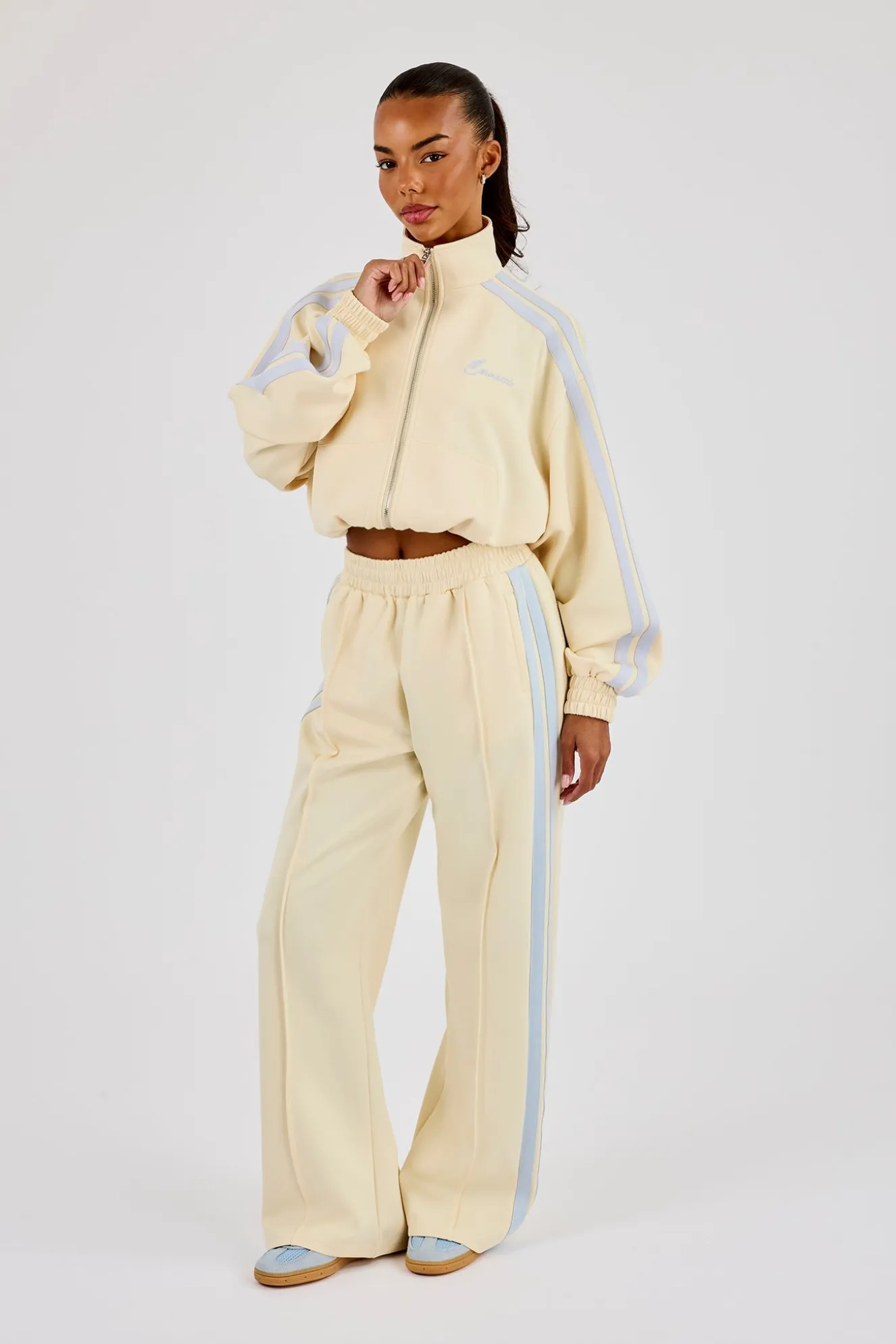 Taping Cropped Funnel Neck Jacket & Wide Leg Track Pant - Butter Yellow