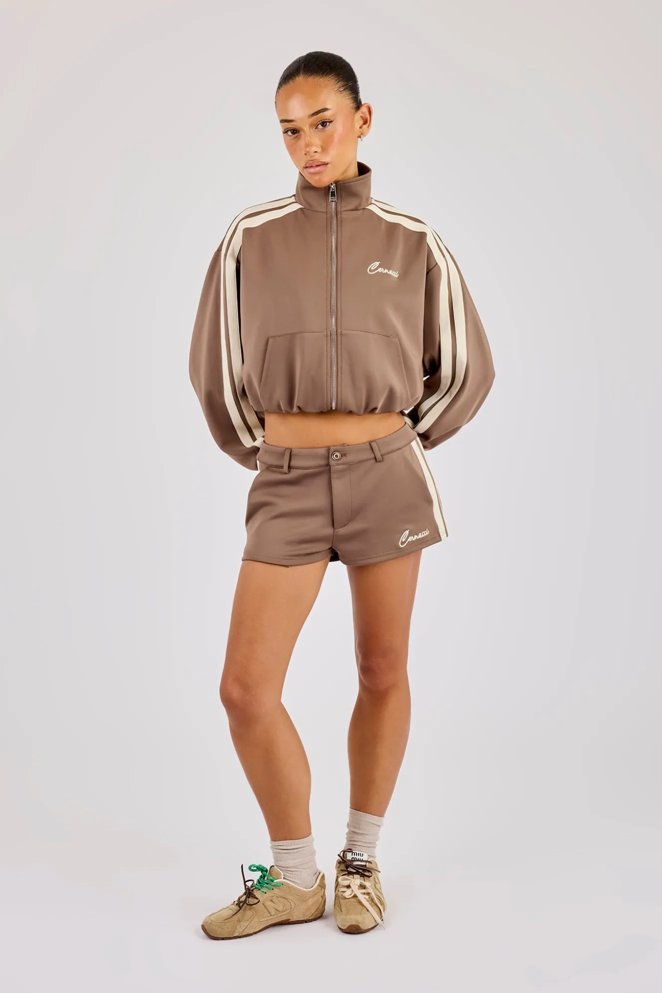 Taping Cropped Funnel Neck Track Jacket & Micro Short - Taupe