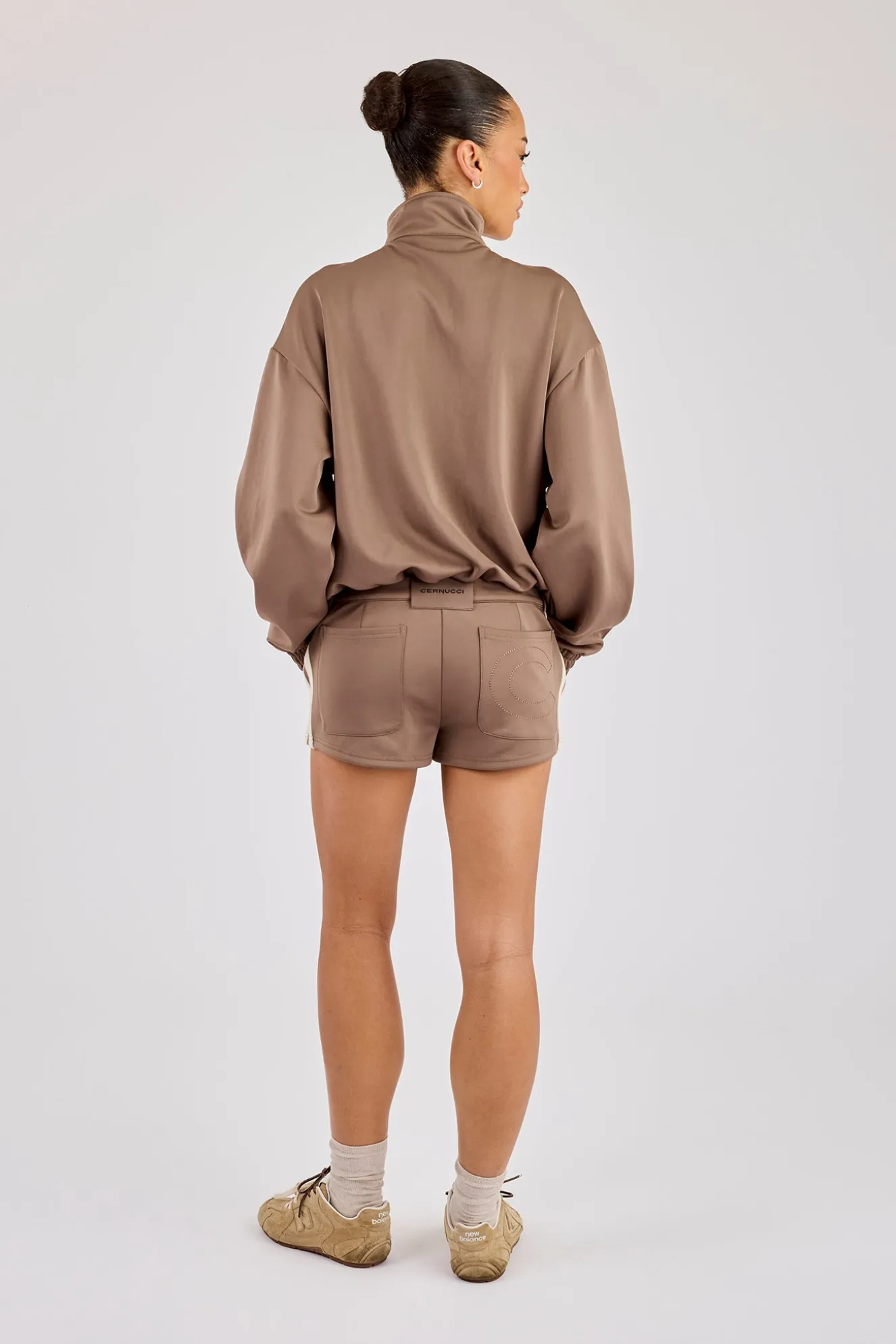 Taping Cropped Funnel Neck Track Jacket & Micro Short - Taupe