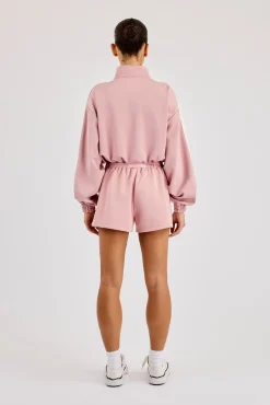 Taping Cropped Funnel Neck Zip Through & Short - Dusty Pink