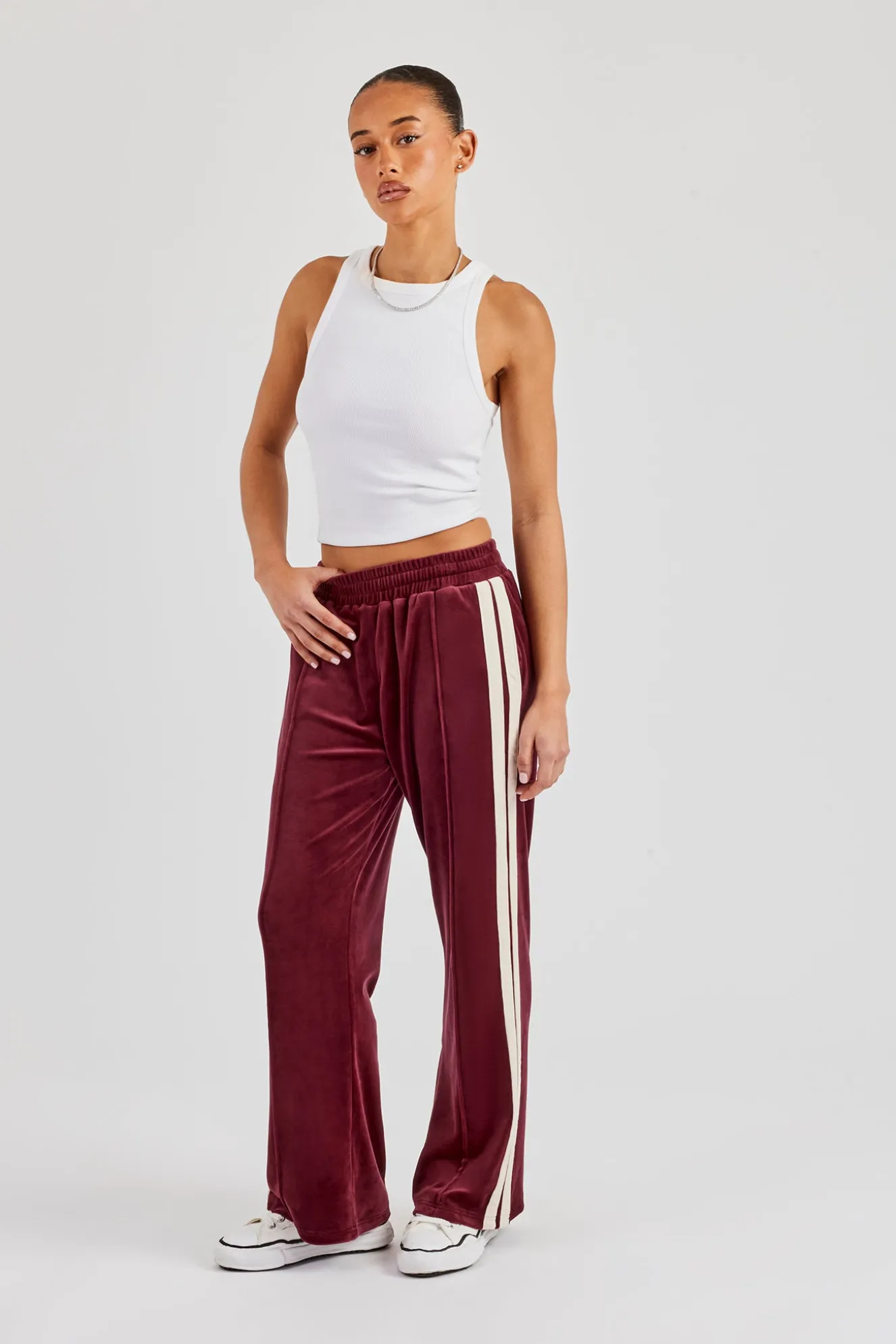Taping Wide Leg Velour Track Pant - Burgundy