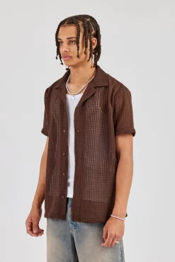 Textured Button Front Revere Shirt - Chocolate