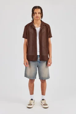 Textured Button Front Revere Shirt - Chocolate
