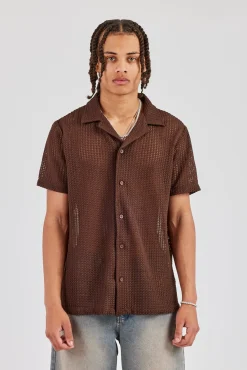 Textured Button Front Revere Shirt - Chocolate