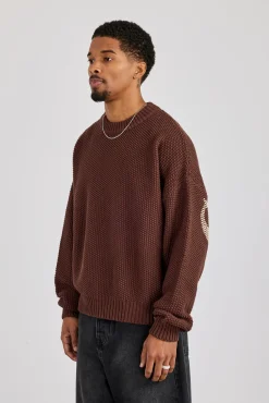 Textured Knit Printed Sweatshirt - Chocolate