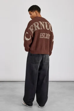 Textured Knit Printed Sweatshirt - Chocolate