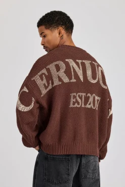 Textured Knit Printed Sweatshirt - Chocolate