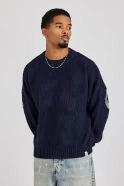Textured Knit Printed Sweatshirt - Navy Blue