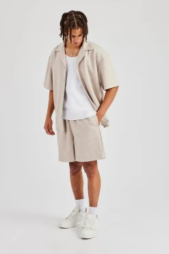 Textured Revere Collar Shirt & Short - Stone