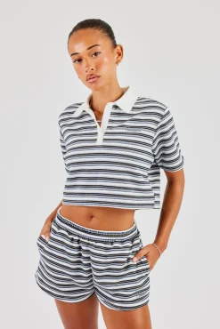 Textured Stripe Short Sleeve Polo & Shorts - Blue