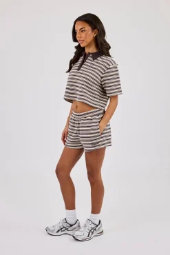 Textured Stripe Short Sleeve Polo & Short - Brown