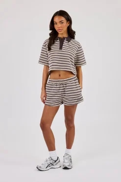 Textured Stripe Short Sleeve Polo - Brown