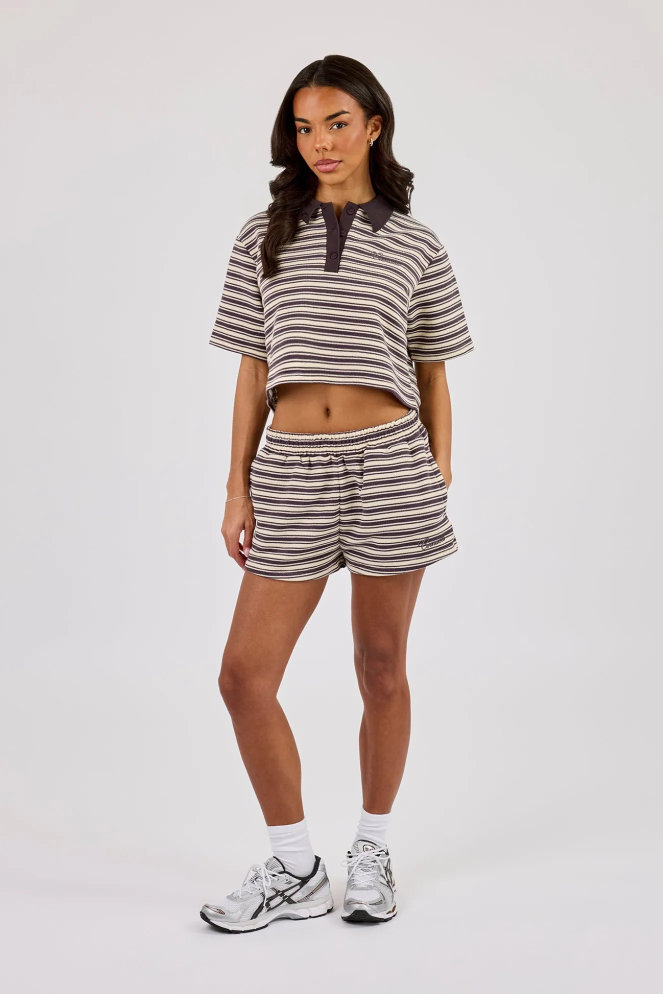 Textured Stripe Short Sleeve Polo - Brown