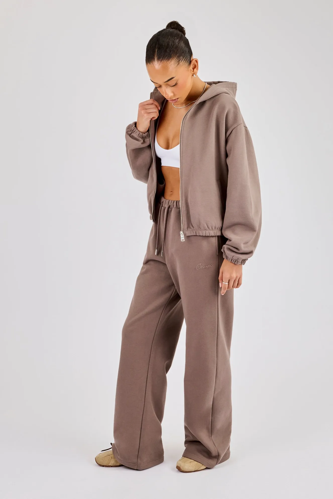 Towelling Applique Wide Leg Jogger - Taupe