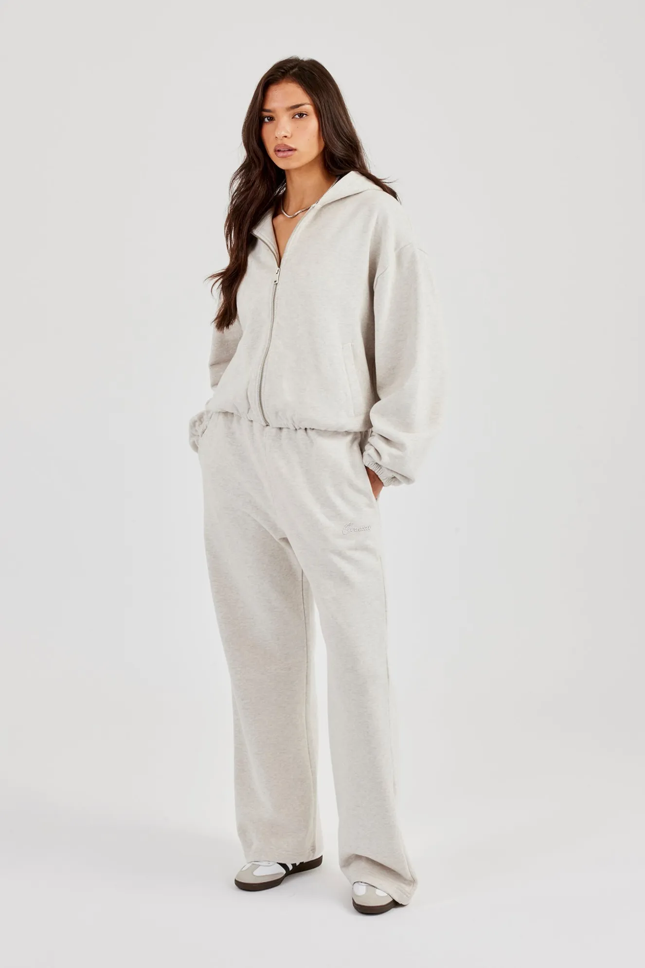 Towelling Applique Zip Hoodie & Wide Leg Jogger - Grey Marl