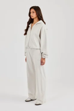 Towelling Applique Zip Hoodie & Wide Leg Jogger - Grey Marl