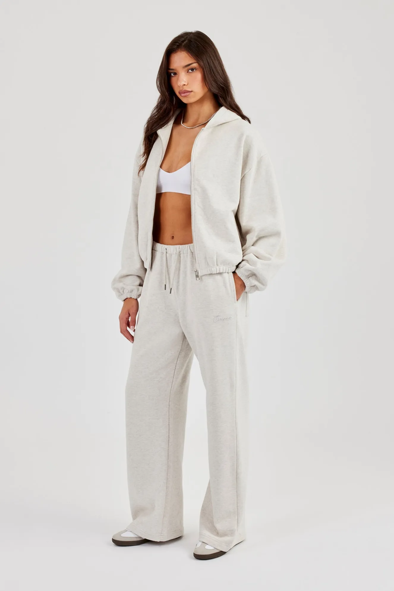 Towelling Applique Zip Hoodie & Wide Leg Jogger - Grey Marl