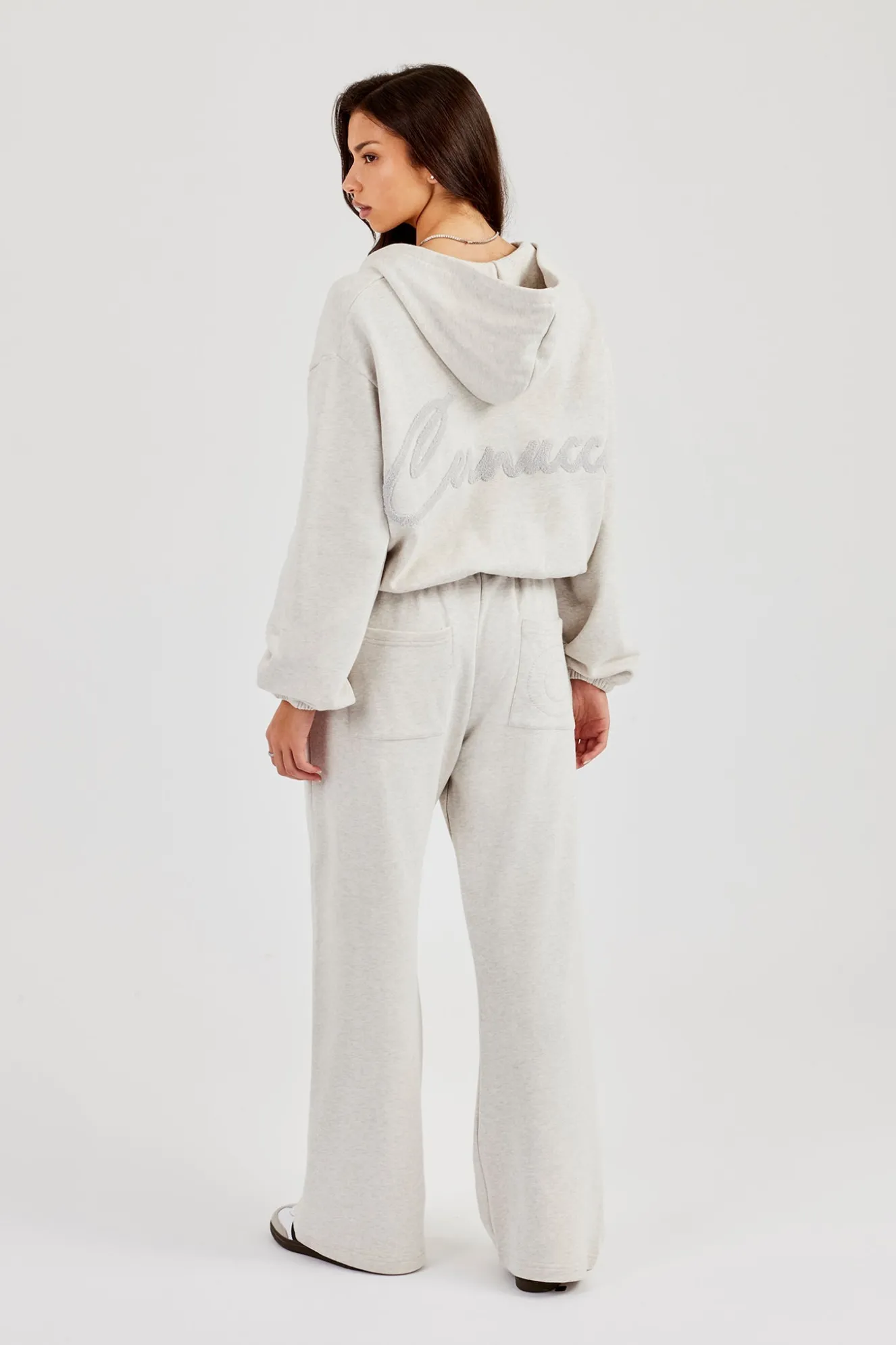 Towelling Applique Zip Hoodie & Wide Leg Jogger - Grey Marl
