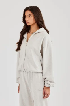 Towelling Applique Zip Hoodie - Grey Marl