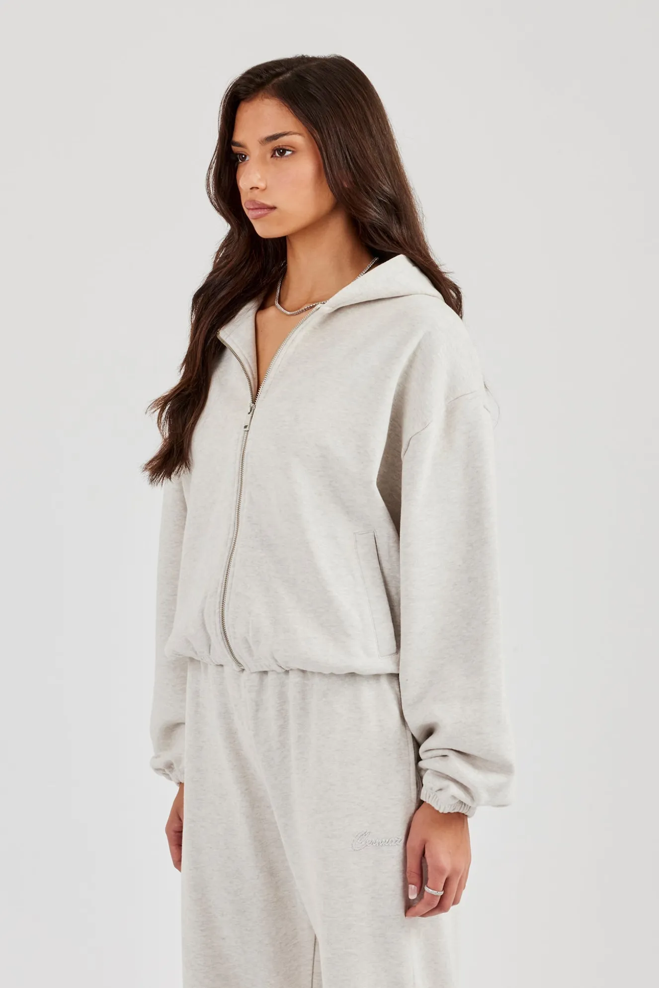 Towelling Applique Zip Hoodie - Grey Marl