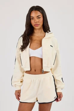 Towelling Super Crop Zip Hoodie - Off White