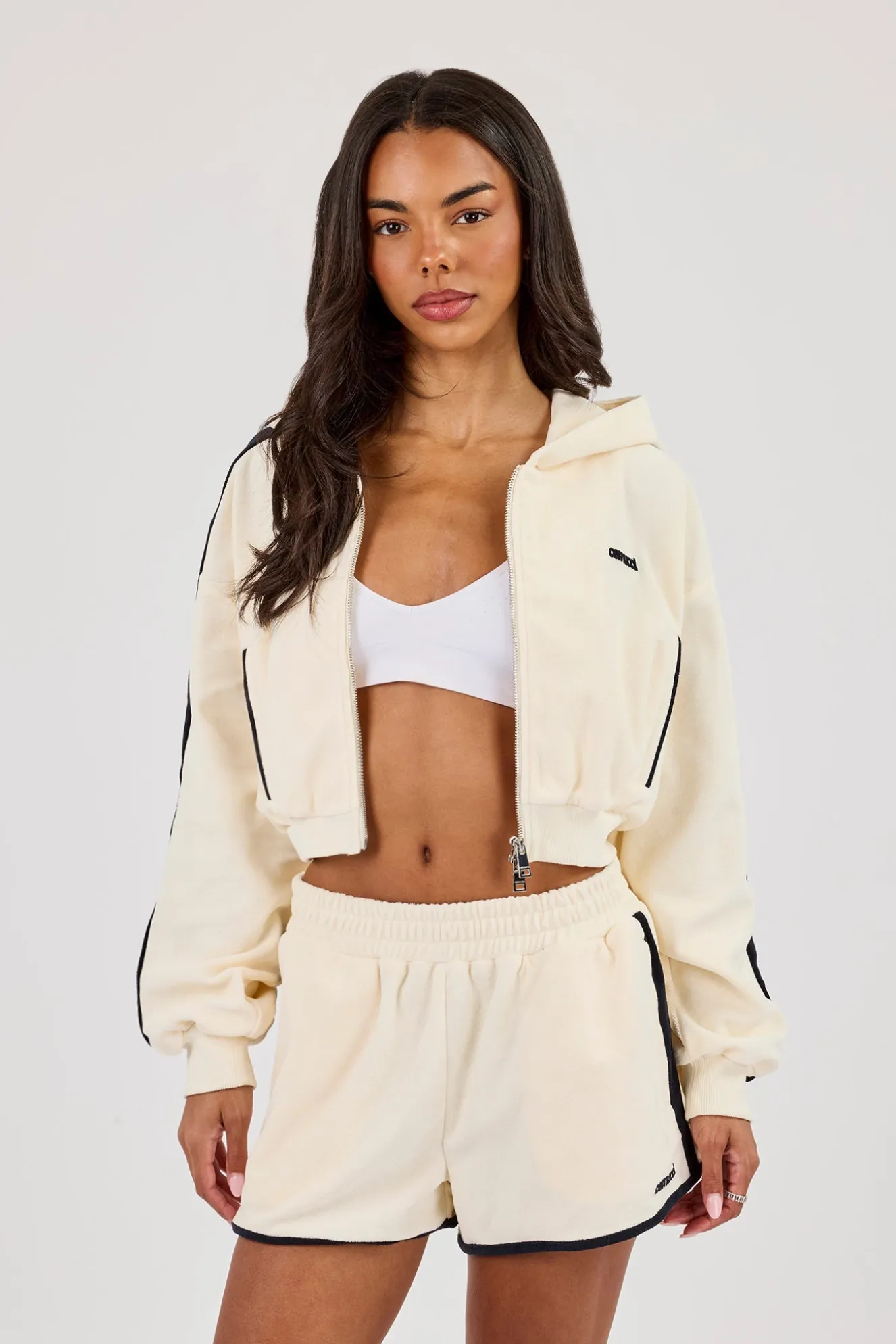 Towelling Super Crop Zip Hoodie - Off White