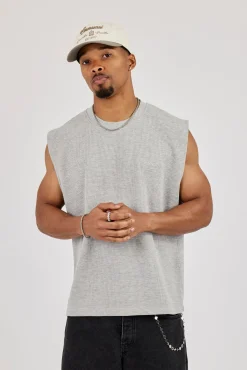 Waffle Embroidered Tank - Light Grey