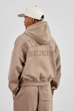 Washed Applique Embroidered Hoodie & Relaxed Jogger - Taupe