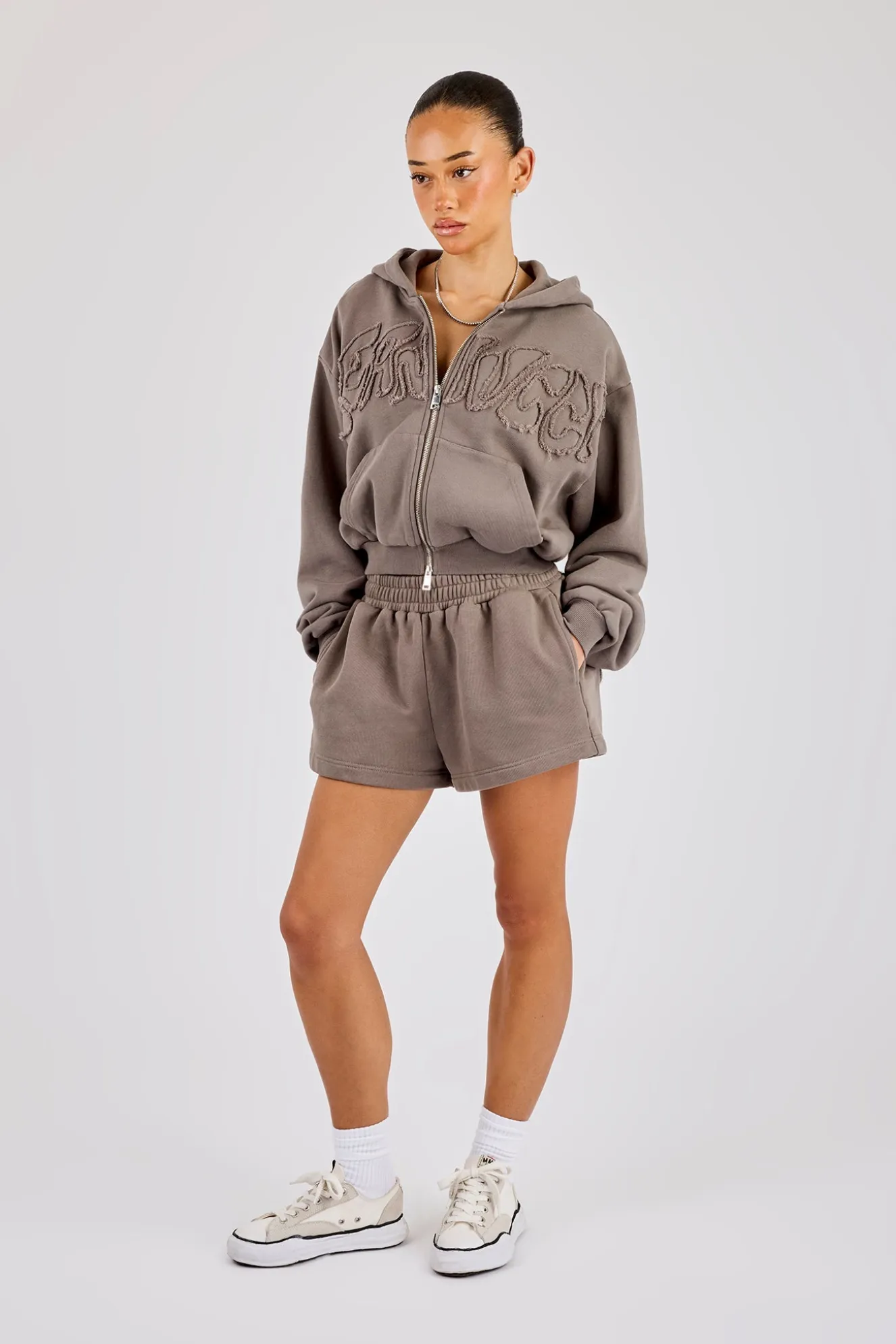 Washed Applique Logo Boxy Zip Through Hoodie & Short - Grey
