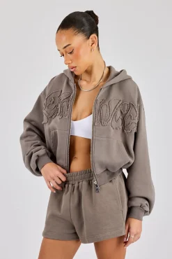 Washed Applique Logo Boxy Zip Through Hoodie & Short - Grey