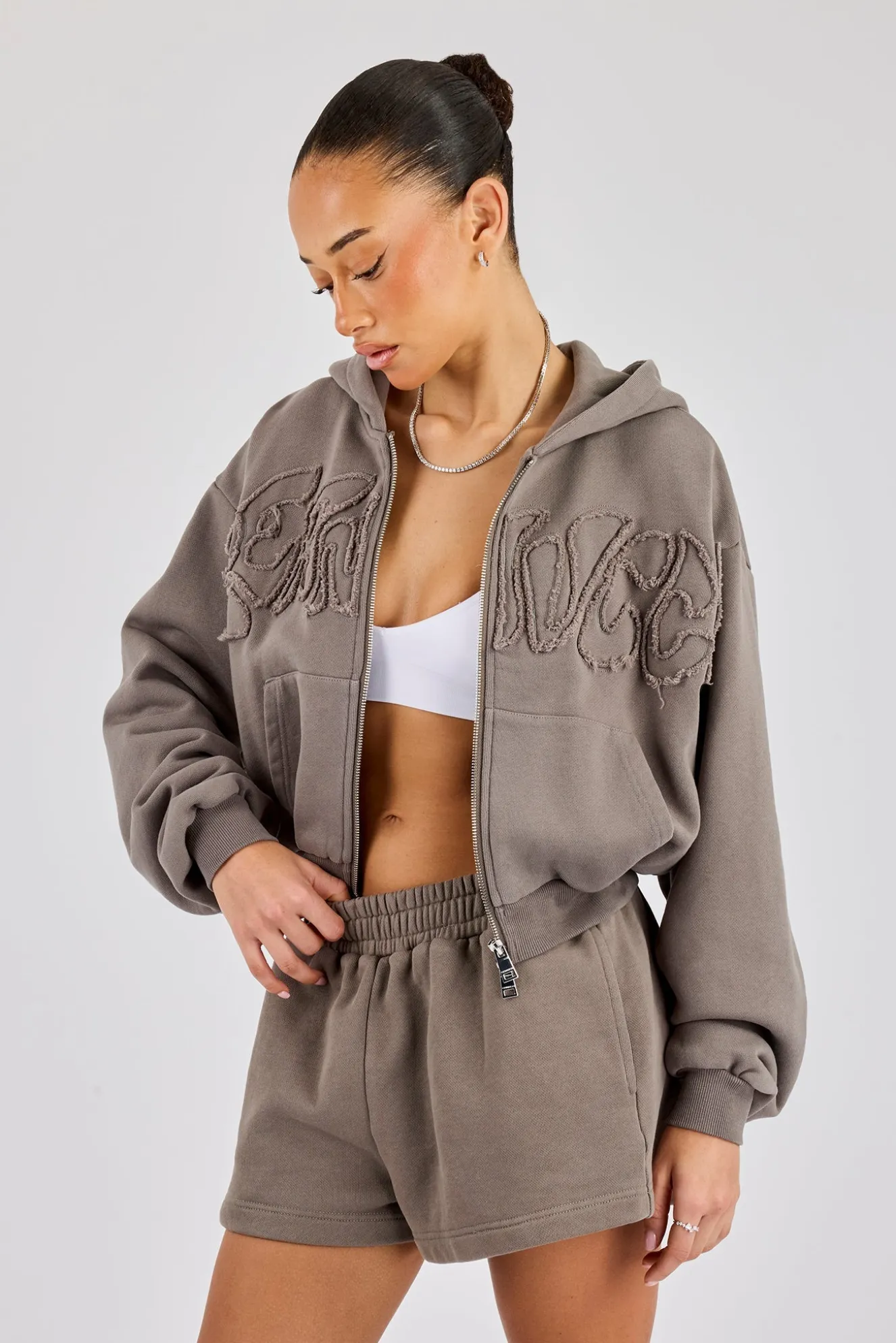 Washed Applique Logo Boxy Zip Through Hoodie & Short - Grey