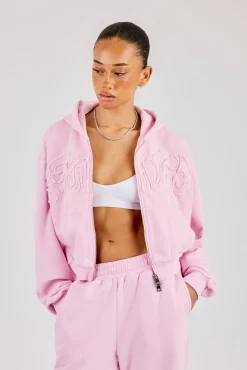 Washed Applique Logo Boxy Zip Through Hoodie - Light Pink