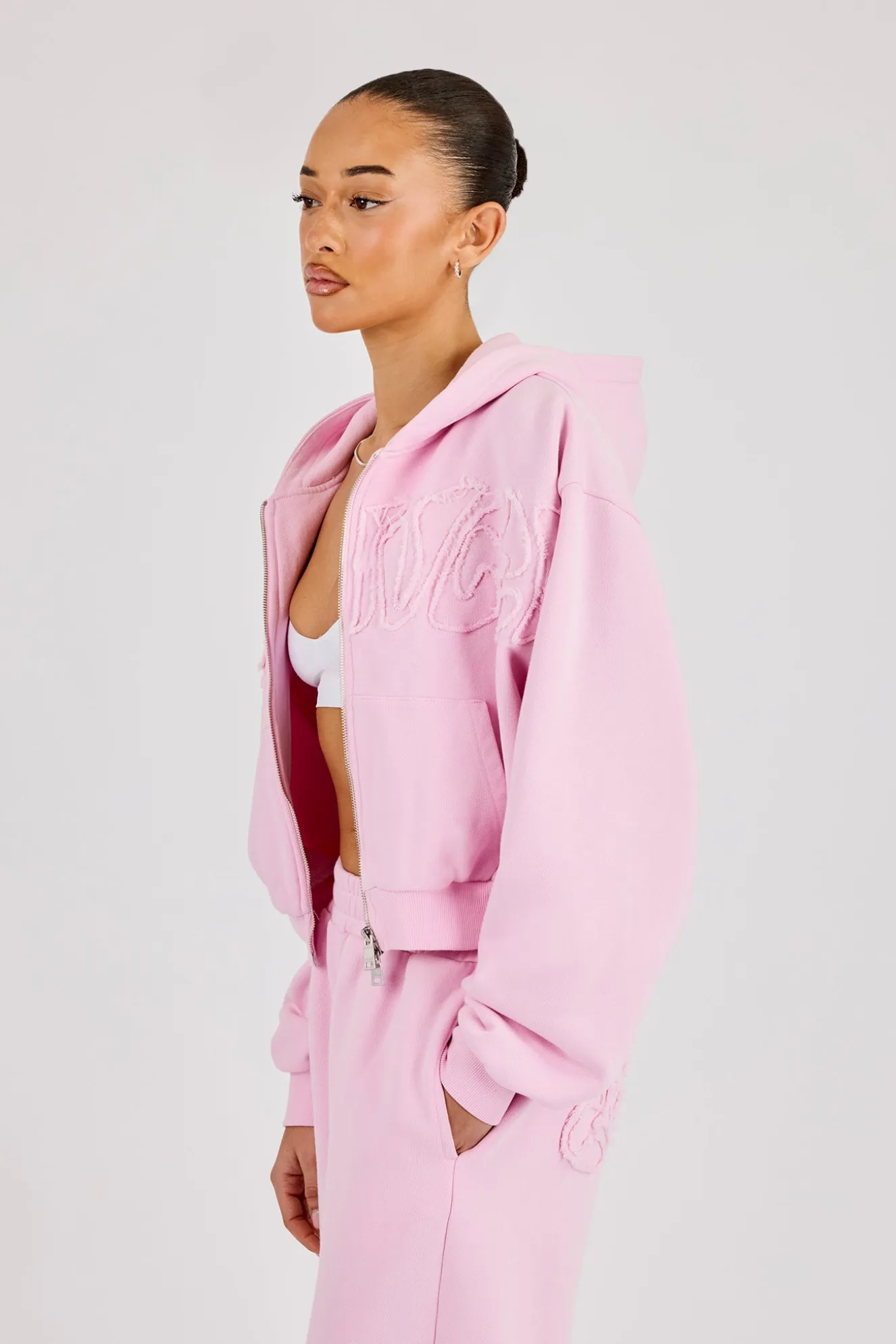 Washed Applique Logo Boxy Zip Through Hoodie - Light Pink
