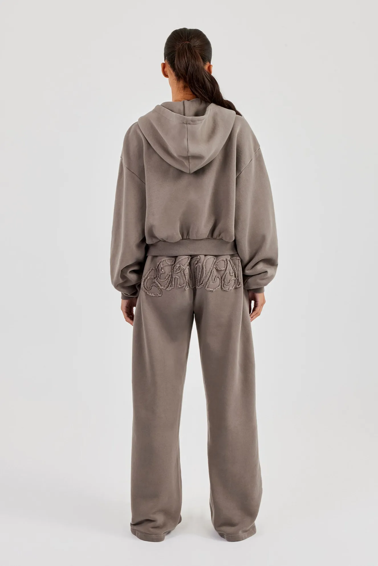 Washed Applique Logo Boxy Zip Through Hoodie & Wide Leg Jogger - Grey