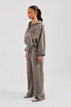 Washed Applique Logo Boxy Zip Through Hoodie & Wide Leg Jogger - Grey