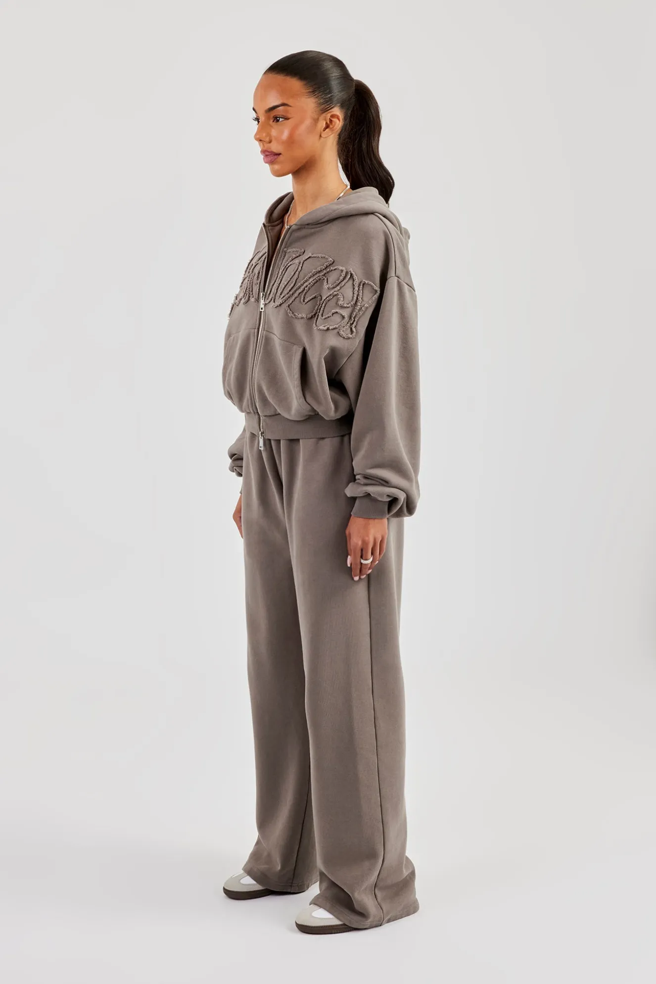 Washed Applique Logo Boxy Zip Through Hoodie & Wide Leg Jogger - Grey