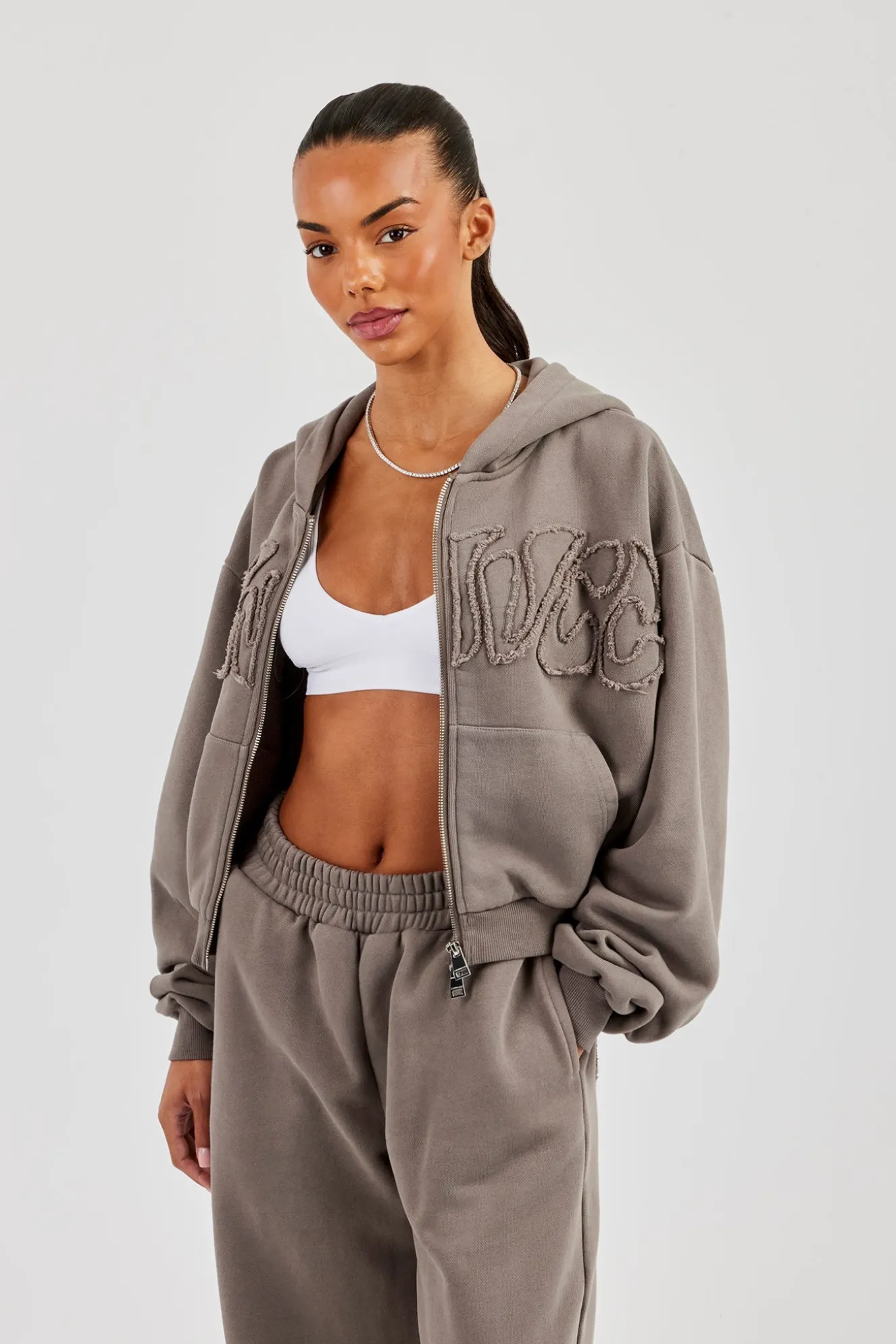 Washed Applique Logo Boxy Zip Through Hoodie - Grey